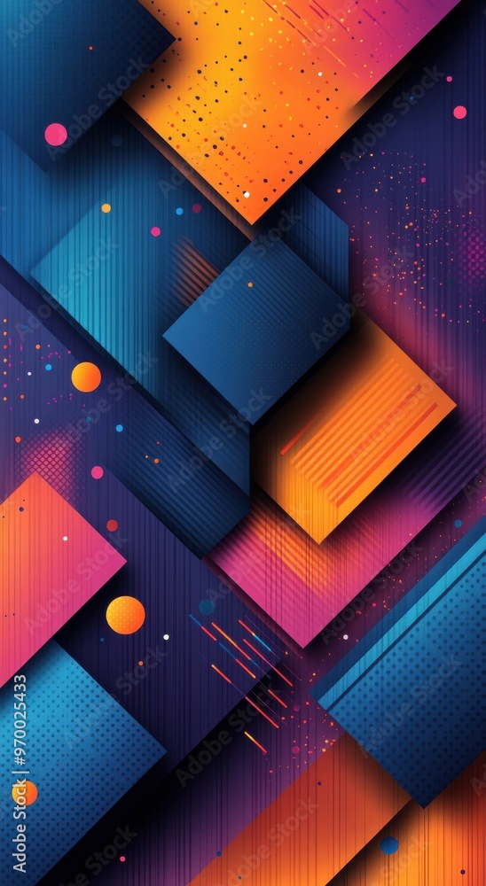 Poster abstract geometric background with vibrant colors and dynamic patterns in blue and orange hues, feat