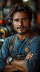 industrial pride portrait confident hispanic factory worker with crossed arms standing amid machinery embodying skilled labor and manufacturing prowess in a dynamic industrial setting