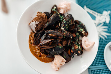 Fresh Cooked Mussels in Herbs Close-up