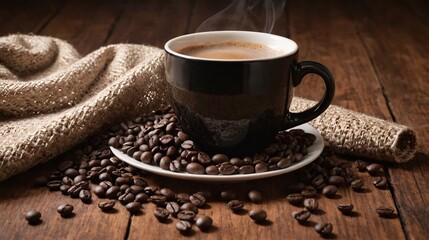 A cup of a hot coffee with a small brown cloth on a wooden background, Hot coffee with coffee beans image.