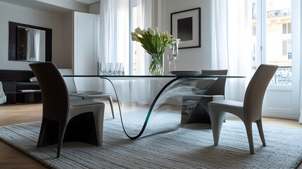 A modern dining room with a glass table and designer chairs.