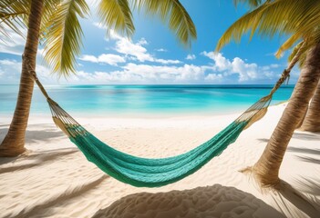 Naklejka premium vibrant hammock exotic shore surrounded breathtaking sea vista under clear blue sky, beach, ocean, sand, tropical, coastline, landscape, palm, waves