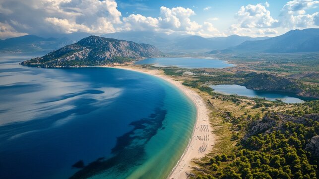 Serene Mugla Dalaman Lake Dalyanlar and Iztuzu Beach flow seamlessly into the sea, captured from a breathtaking aerial perspective.