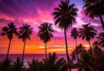 Obraz premium vibrant palm tree silhouettes colorful sunset skyline warm hues striking contrast, horizon, evening, light, tropical, nature, landscape, orange, pink, blue