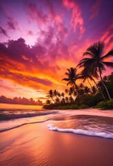 Fototapeta premium tropical beach paradise showcasing vibrant sunset hues golden sands lush palm trees under colorful sky, colors, ocean, waves, horizon, reflection, clouds, nature