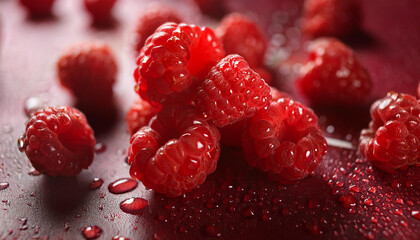 Fresh raspberries with water droplets. Juicy berries. Healthy eating. Natural product.