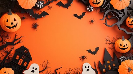 Halloween Background With Pumpkins, Bats, Ghosts, and Spiders.