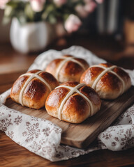  Freshly Baked Hot Cross Buns on a Wooden Board with Rustic Fabric