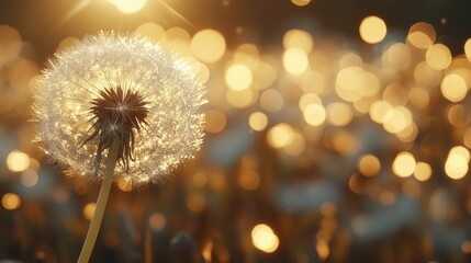 Fototapeta premium Dew-Covered Dandelion Seed Head in Golden Sunlight