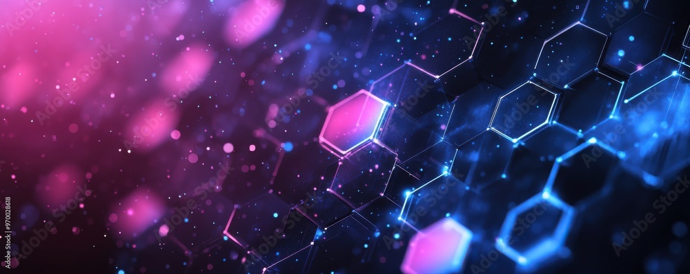 Poster abstract background with glowing hexagons and vibrant colors creating a futuristic digital pattern