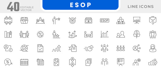 Employee stock ownership plan line icon collection. ESOP, benefits, company, shares, benefits, management, win-win, scheme, and ownership icon set. UI outline icon pack