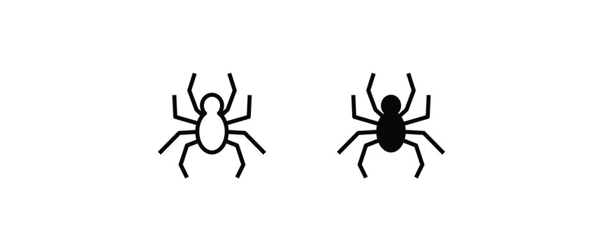 Spider Black Widow. Black bug spider silhouette, isolated white background. Scary Halloween icon, symbol horror, animal arachnid, creepy dangerous insect, arachnophobia fear.