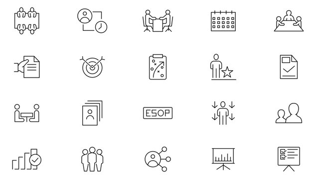 Employee stock ownership plan line icon collection. ESOP, benefits, company, shares, benefits, management, win-win, scheme, and ownership icon set. UI outline icon pack