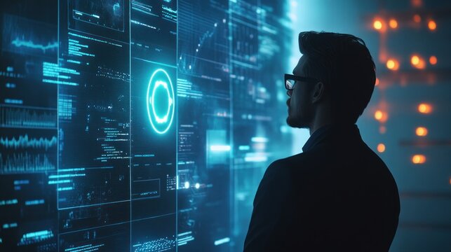 Man Looking at Futuristic Digital Display with Blue and Orange Lighting