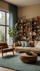 Interior design decoration, modern living room, comfortable sofa and cozy carpet. Generative AI.