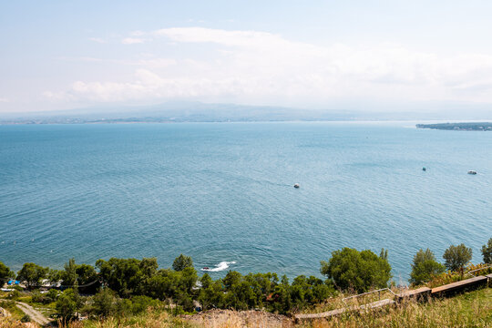 above view of Lake Sevan from Sevanavank, Armenia