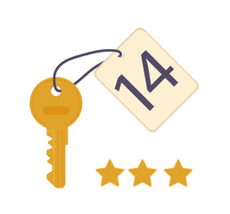 Hotel element concept. Golden key with number. Holiday and vacation, tourism. Room booking. Graphic element for website. Flat vector illustration isolated on white background