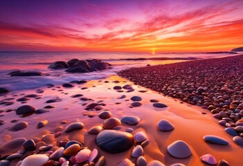Obraz premium vibrant sunset hues reflecting tranquil sea ripples creating serene coastal landscape, colors, water, reflection, beauty, nature, scenery, evening, sky