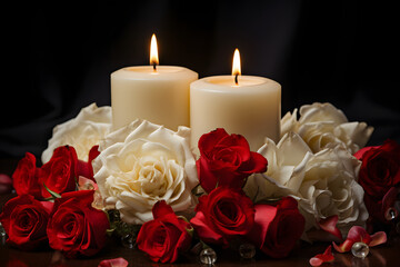Fototapeta premium White candles with red roses and petals perfect