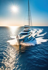 Fototapeta premium luxurious yacht gliding across serene azure waters under clear blue sky, boat, luxury, sailing, ocean, sea, waves, horizon, travel, vacation, marine