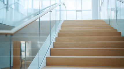 Obraz premium A modern staircase with glass railings and wooden steps.