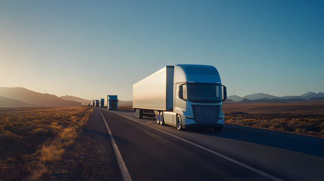 An open road with a fleet of electric trucks driving under a clear blue sky symbolizing the future of transportation.
