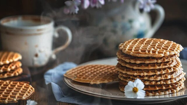 Stroopwafels on the table moves with smoke around