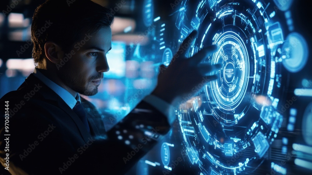 Poster a man interacting with a holographic user interface