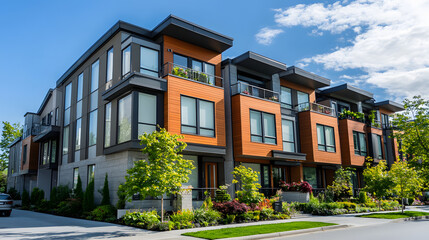 Obraz premium A modern urban townhouse with a rooftop terrace and clean minimalist lines set in a vibrant neighborhood.