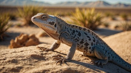 Naklejka premium Majestic lizard basking on a rock in a desert landscape under bright sunlight