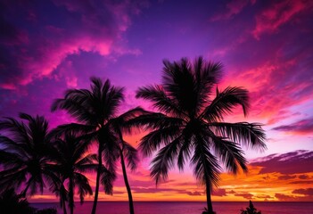 stunning palm silhouette framed vibrant sunset sky striking colors purple blending together captivating tropical scene, orange, pink, nature, landscape