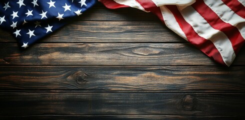 American flag draped over rustic wooden surface in a calm, patriotic setting