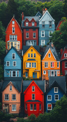 Naklejka premium A vertical photograph of many colorful houses stacked on top of each other, creating an abstract and surreal composition against the dark sky background. 