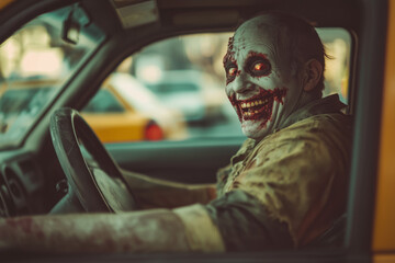 Halloween themed NYC taxi driver wearing a zombie costume, professional photography soft shadows and sharp focus