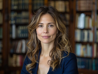 Confident female lawyer posing in library

