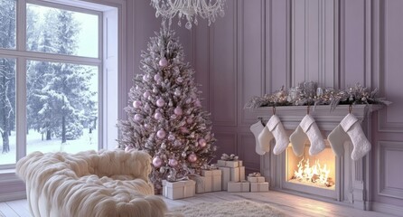 Cozy living room decorated for Christmas with a tree, fireplace, and snow view outside