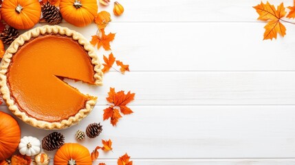 A top-down view of a pumpkin pie with a slice removed, surrounded by mini pumpkins and fall leaves, creating a festive autumn scene.