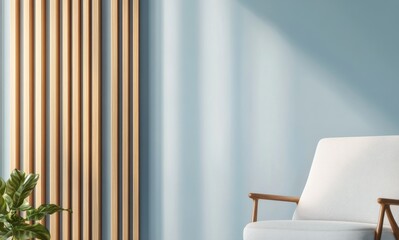 Cozy interior design featuring a stylish white chair and wooden accents in a serene blue room