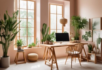 Fototapeta premium serene workspace featuring organic elements calming colors enhanced focus productivity, desk, plants, light, wood, nature, decor, atmosphere, minimalist
