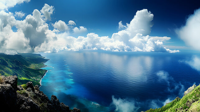 A panoramic ocean view from a mountaintop with rolling clouds casting shadows on the deep blue water below.