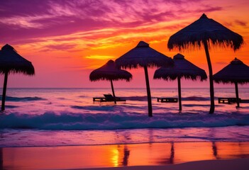 serene sunset over tranquil ocean waters vibrant beach gear laying soft sand, shore, sky, clouds, reflection, light, scenery, landscape, coast, view