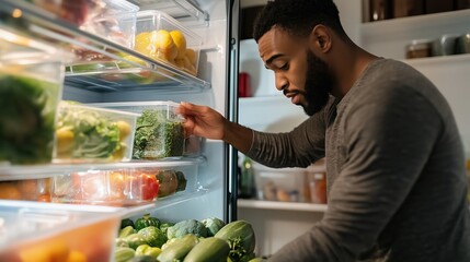 Man organizing fresh vegetables and fruits in a refrigerator at home during a weekend meal prep session for healthy eating