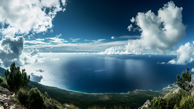 A panoramic ocean view from a mountaintop with rolling clouds casting shadows on the deep blue water below.