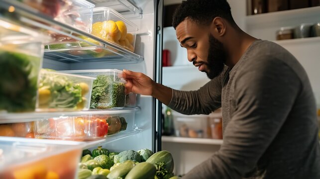 Man organizing fresh vegetables and fruits in a refrigerator at home during a weekend meal prep session for healthy eating