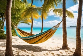 Fototapeta premium serene beach hammock nestled among vibrant tropical greenery surrounded lush plants calm ocean waves, nature, landscape, scenery, coast, view, sky, sand