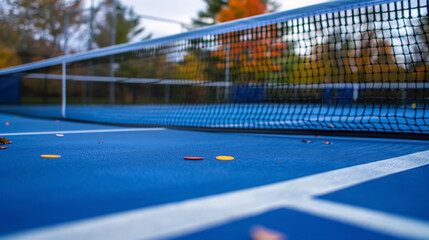 Close-up view of a basketball court with a wooden floor and spotlights.
