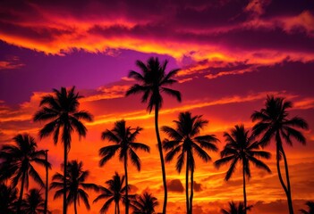 Obraz premium vibrant palm tree silhouettes stunning sunset sky filled warm colors dramatic cloud patterns, clouds, tropical, nature, evening, light, horizon, landscape