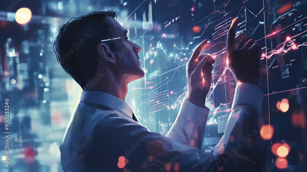 Poster man interacting with digital interface of data and charts