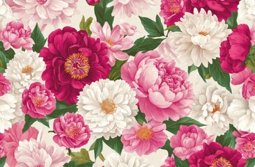 Colorful floral arrangement featuring peonies and dahlias on a light background