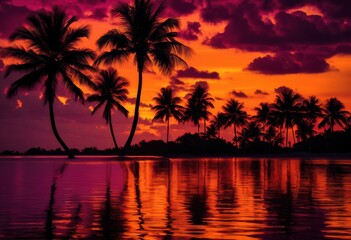 Obraz premium vibrant silhouettes palm trees stunning sunset backdrop showcasing rich colors natural beauty, sky, horizon, landscape, tropical, warm, light, shadow, scenery